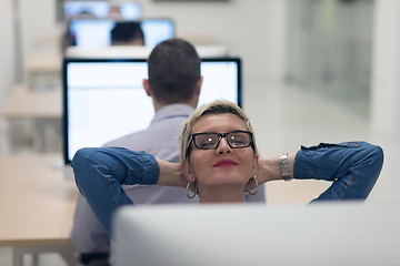 Image showing startup business, woman  working on desktop computer