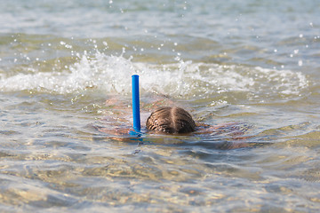 Image showing Girl floats on the water with mask and snorkel