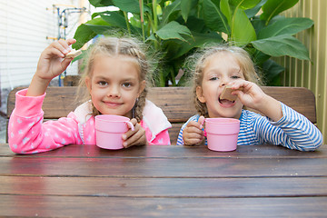 Image showing Two girls at the breakfast on the veranda drinking tea with waffles