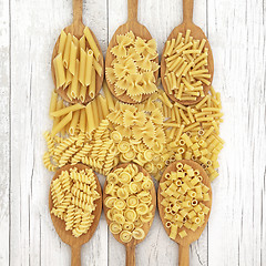 Image showing Pasta Varieties In Oak Wood Spoons