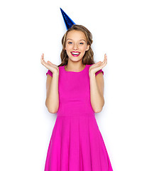 Image showing happy young woman or teen girl in party cap