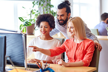 Image showing happy creative team with computer in office