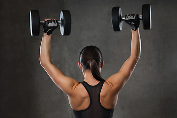 Image showing young woman flexing muscles with dumbbells in gym