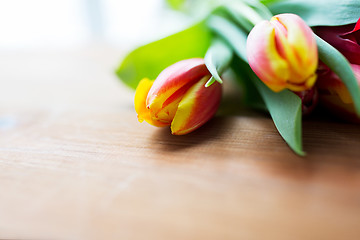 Image showing close up of tulip flowers on wooden table