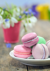 Image showing still life with macaroons and spring flowers