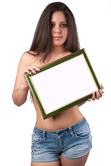 Image showing Attractive sexy topless woman holding blank banner