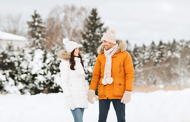 Image showing happy couple walking over winter background