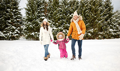 Image showing happy family in winter clothes walking outdoors