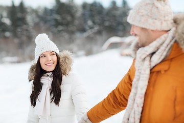 Image showing happy couple walking over winter background