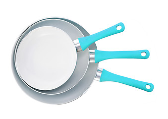 Image showing Set of three frying pans, blue