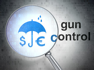 Image showing Security concept: Money And Umbrella and Gun Control with optical glass