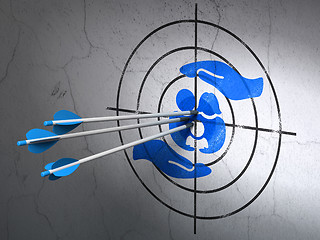 Image showing Insurance concept: arrows in Family And Palm target on wall background