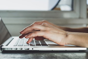 Image showing woman\'s hands working on laptop computer