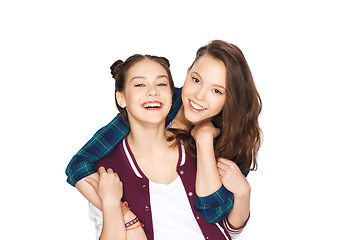 Image showing happy smiling pretty teenage girls hugging