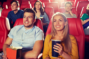 Image showing happy friends watching movie in theater