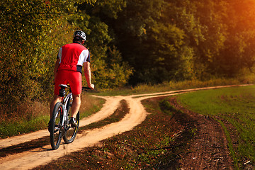 Image showing Cyclist with His Bike on the Autumn Meadow