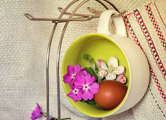 Image showing Easter egg, violets and Apple blossoms.