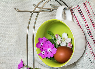 Image showing Easter egg, violets and Apple blossoms.