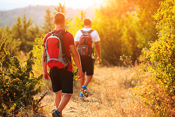 Image showing Two backpackers in the summer mountain