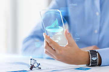 Image showing close up of woman with transparent smartphone