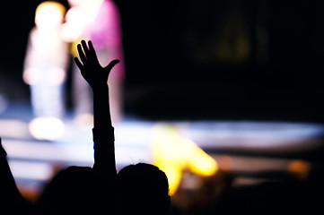 Image showing Supporter in the audience raising a hand