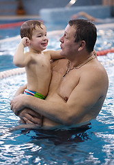 Image showing Grandfather playing with his grandson in a swimming pool