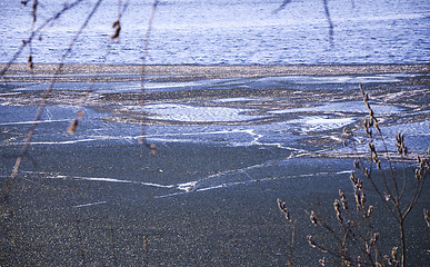 Image showing Nature background with spring landscape and melting ice at the l