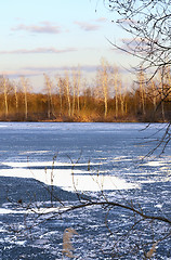 Image showing Nature background with spring landscape and melting ice at the l