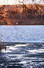 Image showing Nature background with spring landscape and melting ice at the l