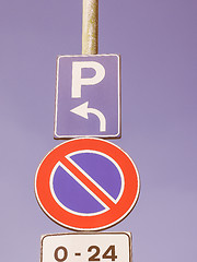 Image showing  No parking sign over blue sky vintage