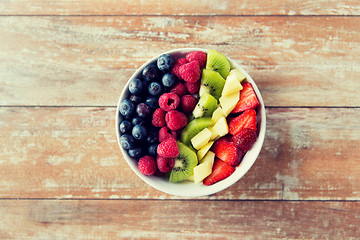 Image showing close up of fruits and berries in bowl on table