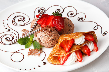 Image showing Strawberry pancake with ice cream