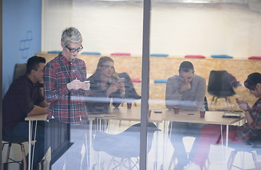 Image showing business woman at office speaking by phone  team on meeting in b