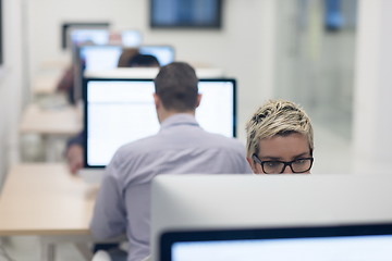 Image showing startup business, woman  working on desktop computer