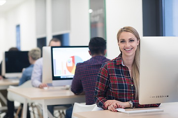 Image showing startup business, woman  working on desktop computer