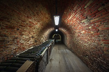 Image showing Long underground brick tunnel in the wine cellar