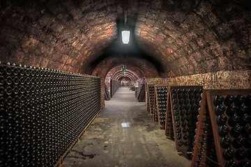 Image showing Long underground brick tunnel angle shot