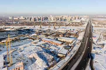 Image showing Port and bridge on Tura river in Tyumen. Russia