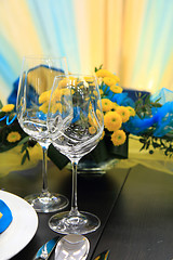 Image showing blue and yellow wedding table decoration