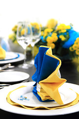 Image showing blue and yellow wedding table decoration