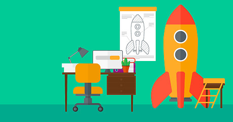 Image showing Background of workspace with business start-up rocket.