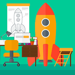 Image showing Background of workspace with business start-up rocket.