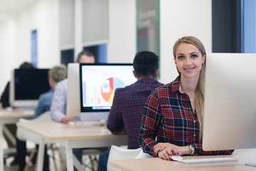 Image showing startup business, woman  working on desktop computer