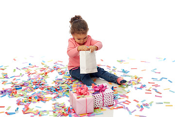 Image showing happy little baby girl with birthday presents