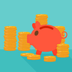 Image showing Blue background of piggy bank and golden coins.