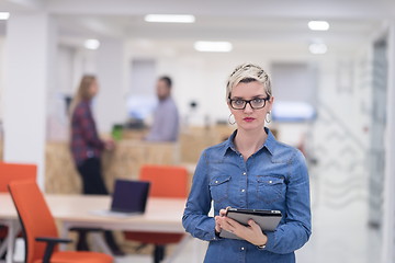 Image showing portrait of young business woman at office with team in backgrou