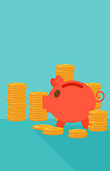 Image showing Blue background of piggy bank and golden coins.