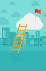 Image showing Ladder and flag on top of the cloud on city background.