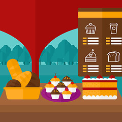Image showing Background of bakery with table full of bread and pastries.