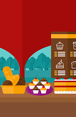 Image showing Background of bakery with table full of bread and pastries.